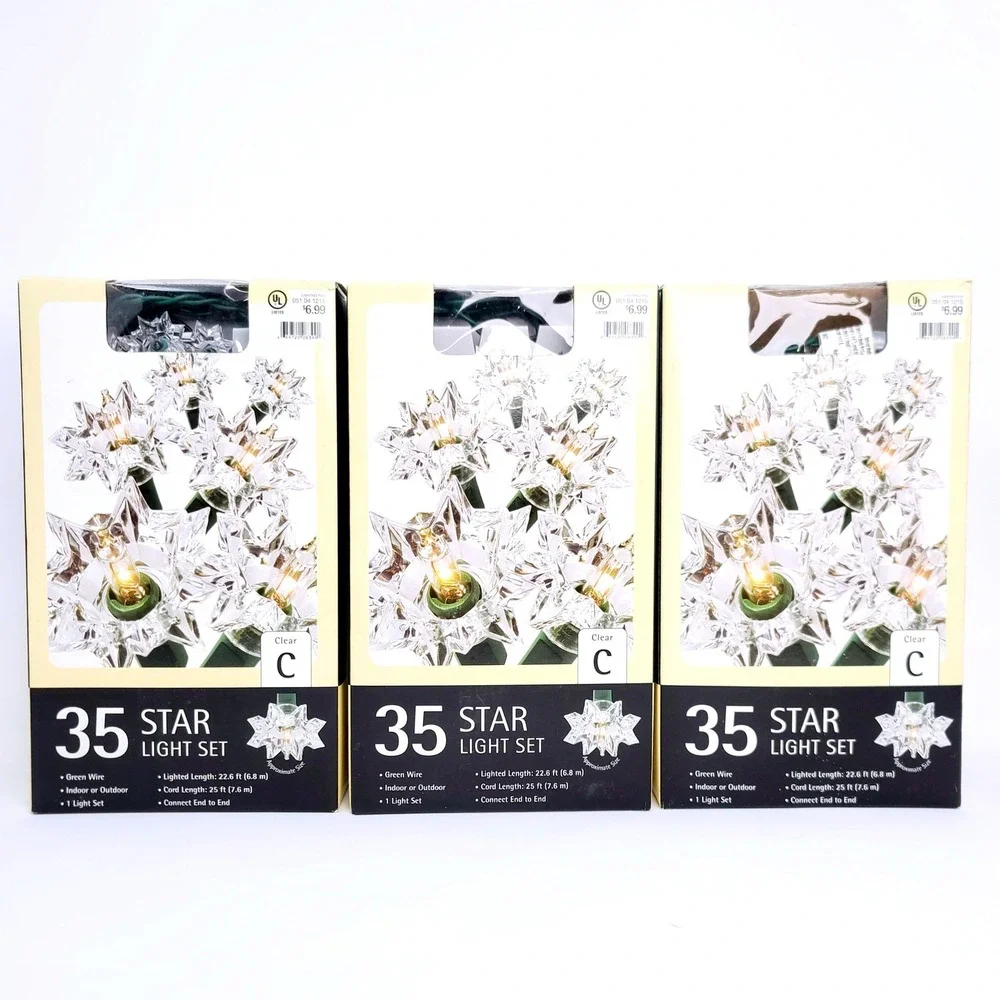 3 Sets NEW Star Reflector Christmas Tree Lights Clear Incandescent Y2K Retro Lot